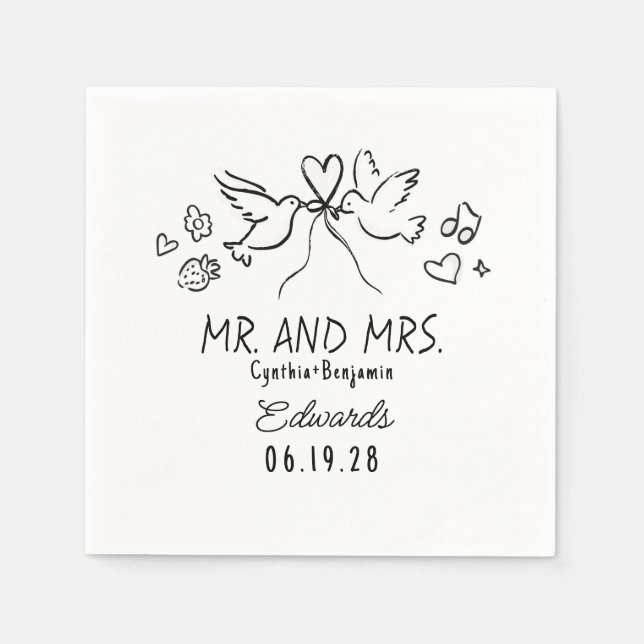 Whimsical Hand Drawn Love Birds Wedding Napkins Serviette (Vorderseite)