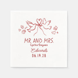 Whimsical Hand Drawn Love Birds Wedding Napkins Serviette