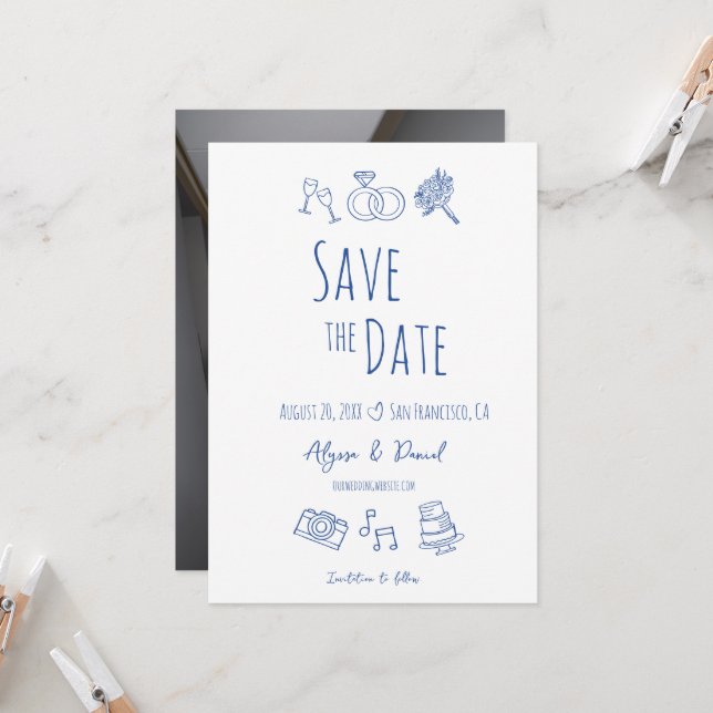 Whimsical Hand Drawn Minimal Blaues weißes Foto (Vorderseite/Rückseite Beispiel)