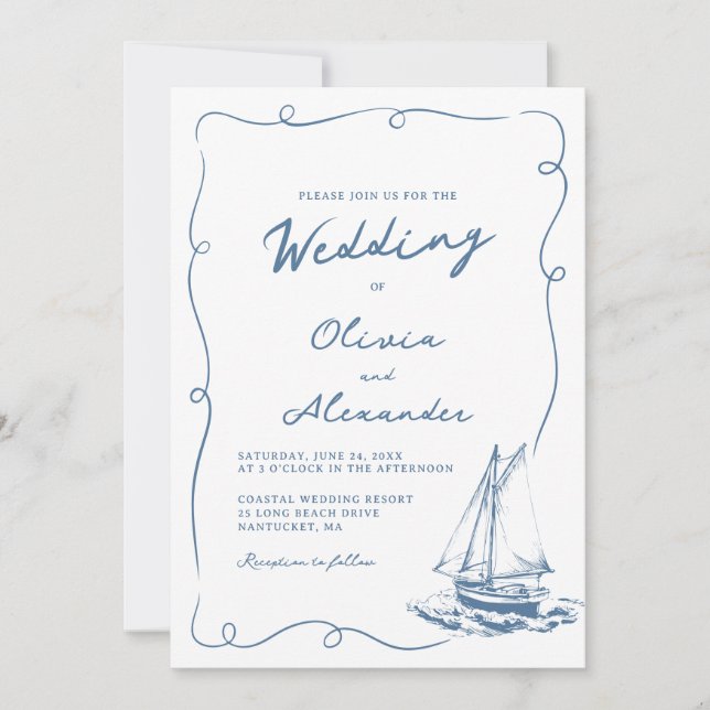 Whimsical Hand Drawn Nautical Sailboat Wedding Einladung (Vorderseite)