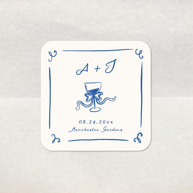 Whimsical Hand Drawn Navy Blue Bow Hochzeit Quadratischer Aufkleber (Von Creator hochgeladen)