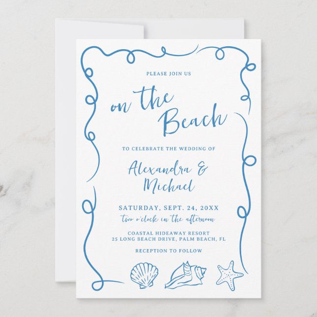 Whimsical Hand Drawn On the Beach Wedding Einladung (Vorderseite)