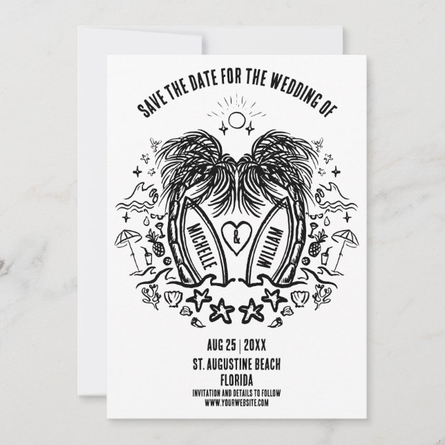 Whimsical Hand Drawn Palm Beach Doodle Hochzeit Save The Date (Vorderseite)