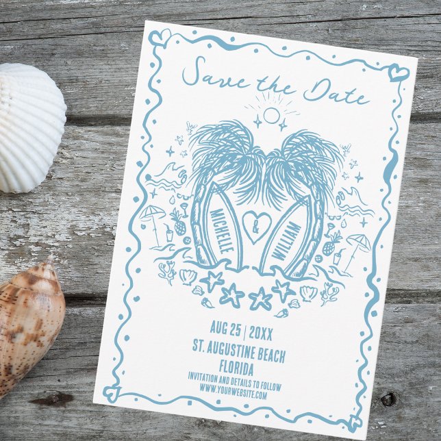 Whimsical Hand Drawn Palm Beach Doodle Hochzeit Save The Date (blue palm trees doodle beach wedding with names written on paddle surf boards)