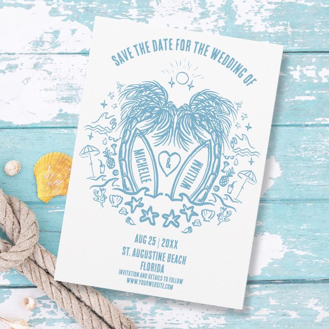 Whimsical Hand Drawn Palm Beach Doodle Hochzeit Save The Date (whimsical blue doodle beach wedding save the date with palm trees forming a heart)
