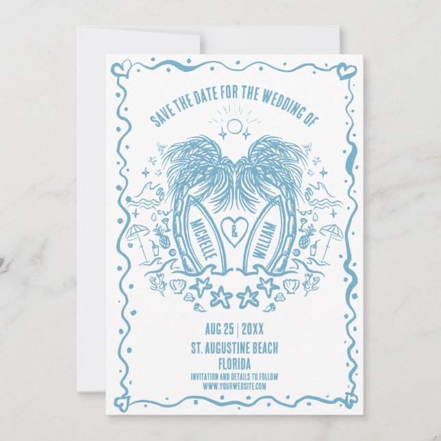 Whimsical Hand Drawn Palm Beach Doodle Hochzeit Save The Date (Vorderseite)