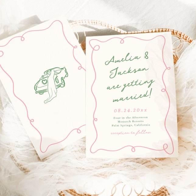 Whimsical Hand Drawn Pink & Green Wedding Einladung (Von Creator hochgeladen)