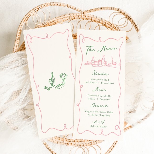 Whimsical Hand Drawn Pink & Green Wedding Menükarte (Von Creator hochgeladen)