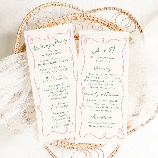 Whimsical Hand Drawn Pink & Green Wedding Programm (Von Creator hochgeladen)