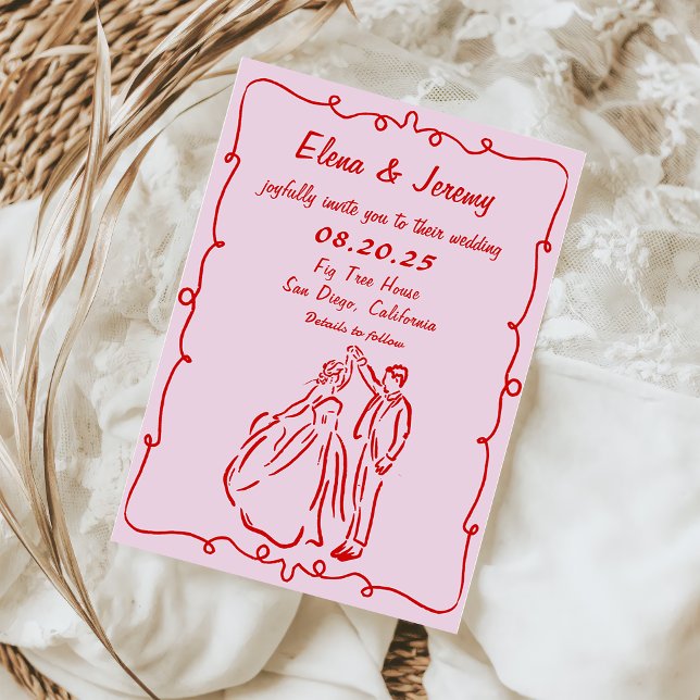 Whimsical Hand Drawn Pink Hochzeit Einladung (Von Creator hochgeladen)