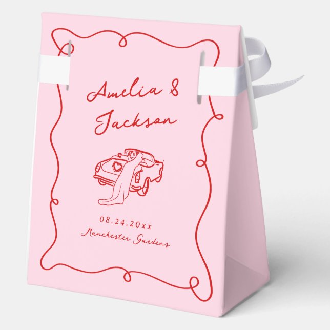 Whimsical Hand Drawn Pink & Red Wedding Geschenkschachtel (Rückseite)