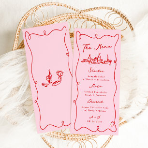 Whimsical Hand Drawn Pink & Red Wedding Menükarte