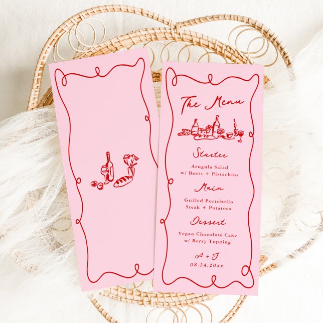Whimsical Hand Drawn Pink & Red Wedding Menükarte (Von Creator hochgeladen)