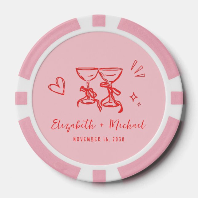 Whimsical Hand Drawn Pink Red Wedding Pokerchips (Vorderseite)