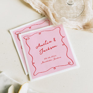 Whimsical Hand Drawn Pink & Red Wedding Serviette