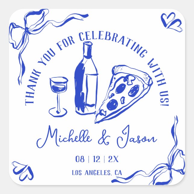 Whimsical Hand Drawn Pizza French Bow Vielen Dank Quadratischer Aufkleber (Vorderseite)