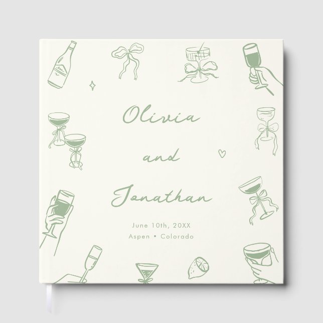Whimsical Hand Drawn Quirky Green Wedding Gästebuch (Vorderseite)