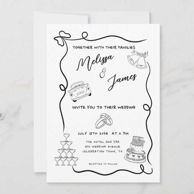 Whimsical Hand Drawn Quirky Wedding Einladung (Vorderseite)