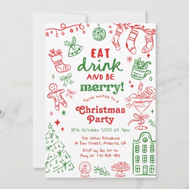 Whimsical Hand Drawn Red and Green Christmas Party Einladung (Vorderseite)