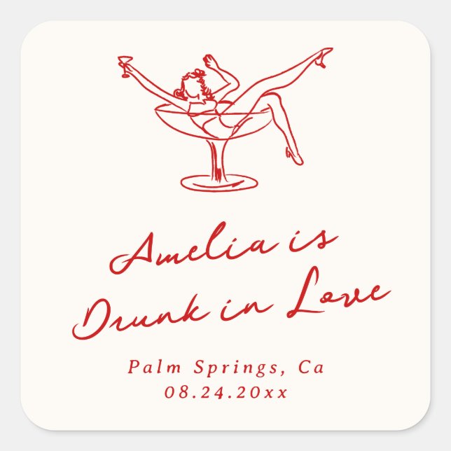 Whimsical Hand Drawn Red Bachelorette Quadratischer Aufkleber (Vorderseite)