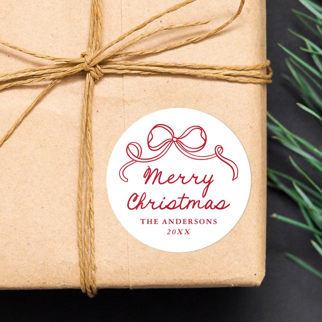 Whimsical Hand-Drawn Red Bow Merry Christmas Runder Aufkleber (Von Creator hochgeladen)