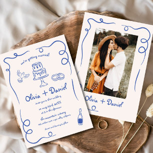 Whimsical Hand Drawn Vintages Foto Blue Wedding Einladung