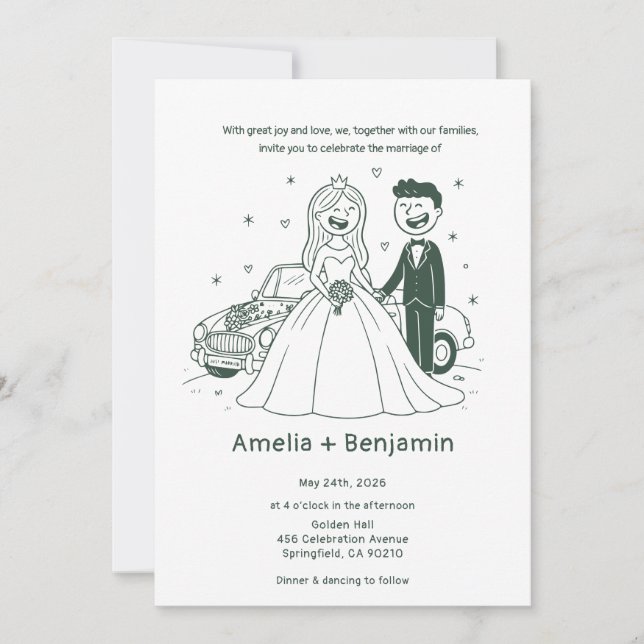 Whimsical Hand Drawn Wedding Couple | Wedding  Einladung (Vorderseite)