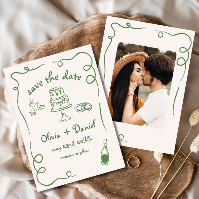 Whimsical Hand Drawn Wedding Foto Green Save The Date (Von Creator hochgeladen)