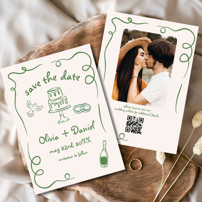 Whimsical Hand Drawn Wedding Foto Green Save The Date (Von Creator hochgeladen)