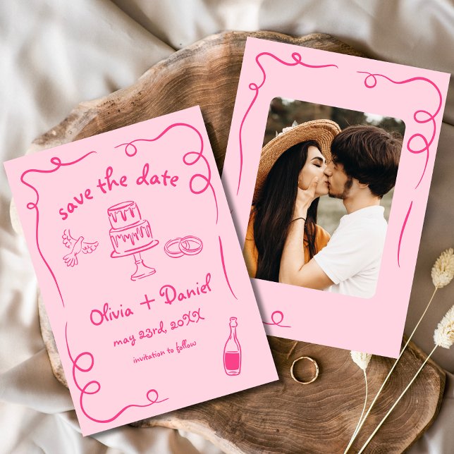 Whimsical Hand Drawn Wedding Foto Hot Pink Save The Date (Von Creator hochgeladen)