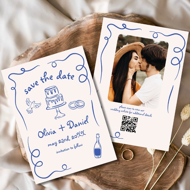 Whimsical Hand Drawn Wedding Foto Navy Blue Save The Date (Von Creator hochgeladen)