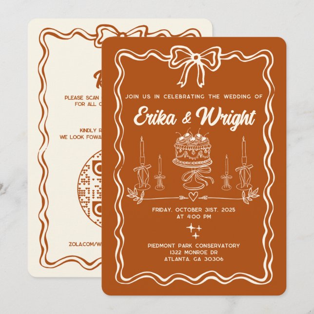 Whimsical Hand Drawn Wedding Invitation Cute Bows Einladung (Vorne/Hinten)