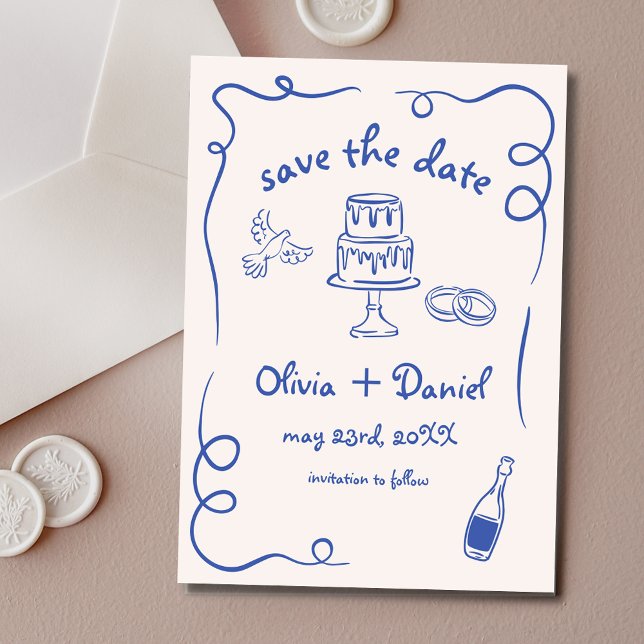 Whimsical Hand Drawn Wedding Navy Blue Save The Date (Von Creator hochgeladen)