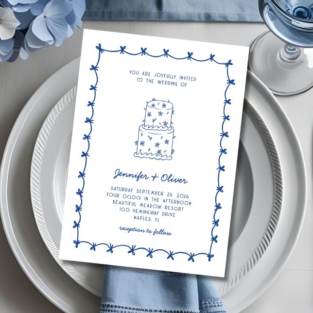 Whimsical Hand Drawn Wedwn Cake Blue White Einladung (Von Creator hochgeladen)