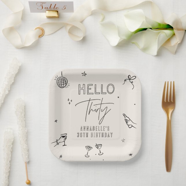 whimsical Hand gezeichnet 30. Geburtstag Drinks Pa Pappteller (Hochzeit)