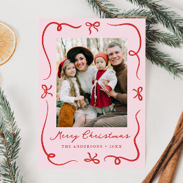 Whimsical Hand Gezeichnet Bows Pink 2 Foto Weihnac Feiertagskarte