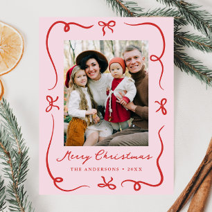 Whimsical Hand Gezeichnet Bows Rosa und Rotes Foto Feiertagspostkarte