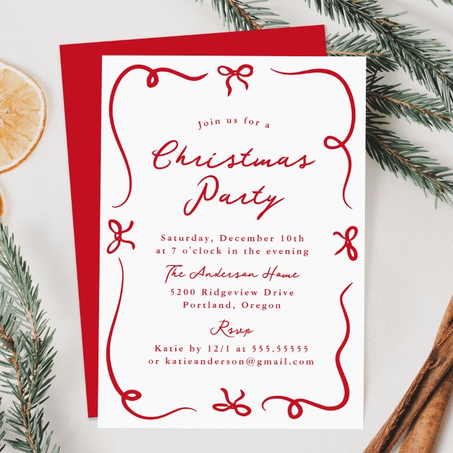 Whimsical Hand Gezeichnet Red Bows Weihnachts-Part Einladung (Von Creator hochgeladen)