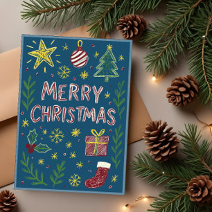 Whimsical Hand Gezeichnet Weihnachtskarte in Blue Karte