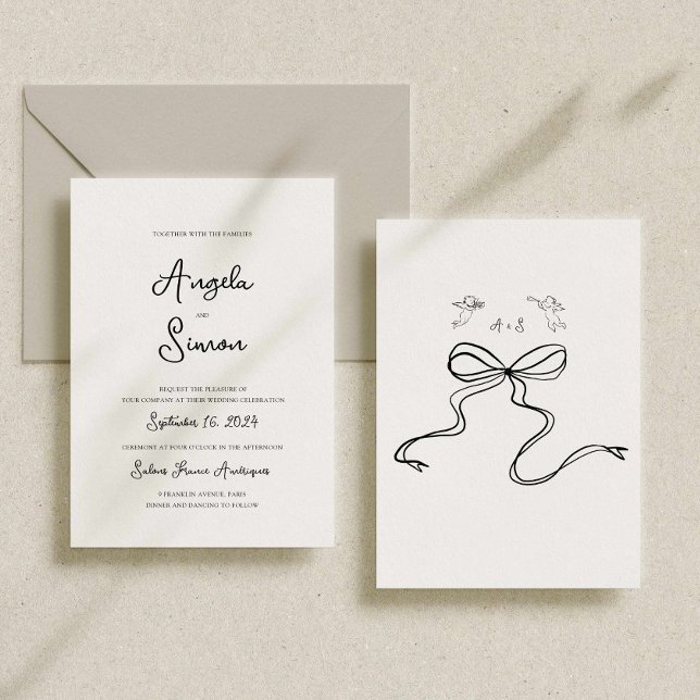 Whimsical Hand gezeichnete Bow Cherub Hochzeit Ein Einladung (hand drawn wedding invitation, bow cherub illustrated, hand written destination wedding invitation)
