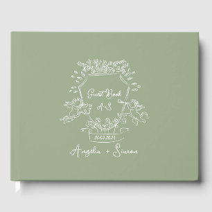 Whimsical Hand gezeichnete Wappen Sage Green Weddi Gästebuch