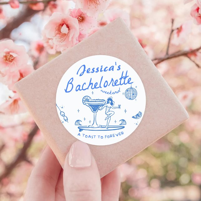Whimsical Hand gezogen Funky Beach Bachelorette Runder Aufkleber (Von Creator hochgeladen)