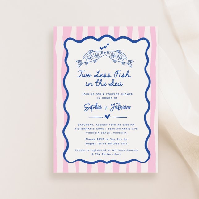 Whimsical Hand gezogen zwei weniger Fische im Meer Save The Date (Two Less Fish in the Sea Couples Shower Invitation)