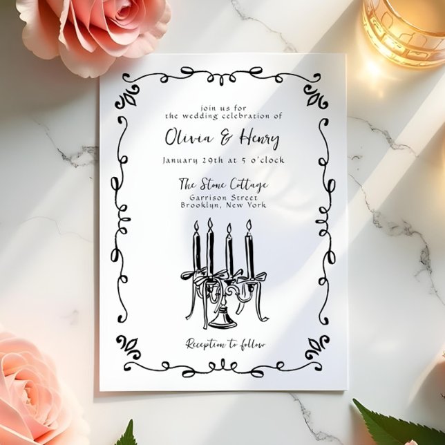 Whimsical Hand Lettered Bow Candelabra Wedding Einladung (Von Creator hochgeladen)