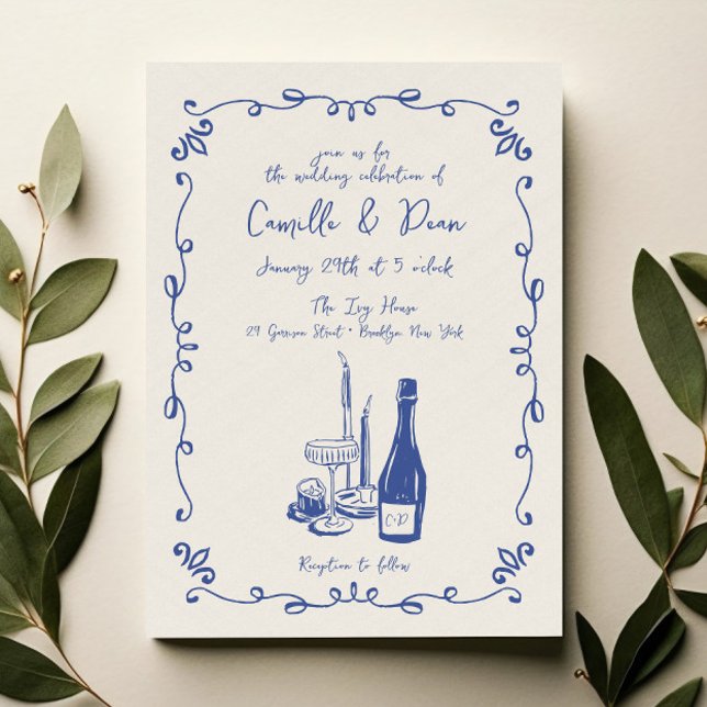 Whimsical Hand Lettered Illustrated Dinner Wedding Einladung (Von Creator hochgeladen)