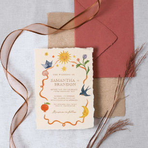 Whimsical handbemalt Blumenvolk Hochzeit Einladung