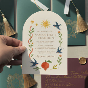 Whimsical handbemalt Celestial Folk Wedding Einladung