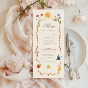 Whimsical handbemalt Celestial Folk Wedding Menükarte