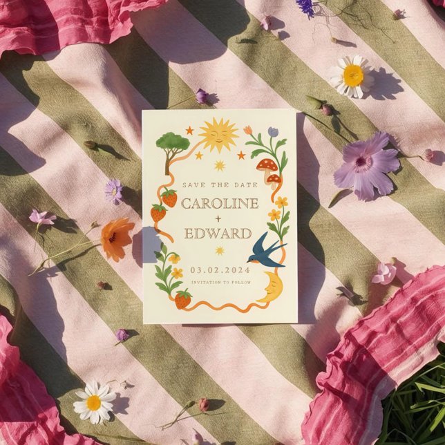 Whimsical handbemalt Celestial Folk Wedding Save The Date (Von Creator hochgeladen)