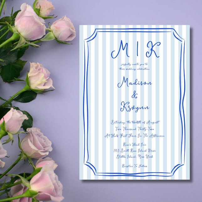 Whimsical handgeschriebene Blue French Wedding Einladung (Von Creator hochgeladen)